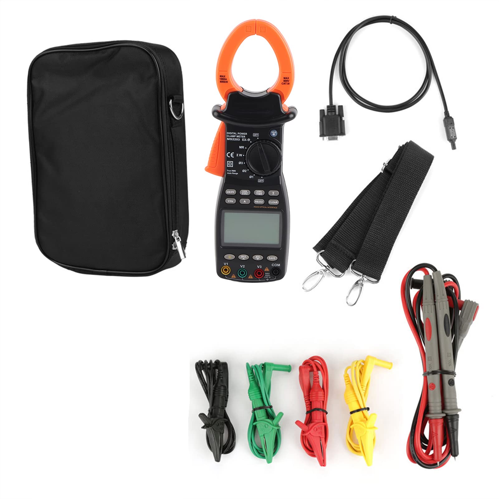 PEAKMETER MS2203 Pinza Amperimétrica Digital de Potencia, Multímetro Trifásico, Frecuencia de Factor de Potencia de Corriente de Voltaje, Pantalla Doble de Alta Precisión para