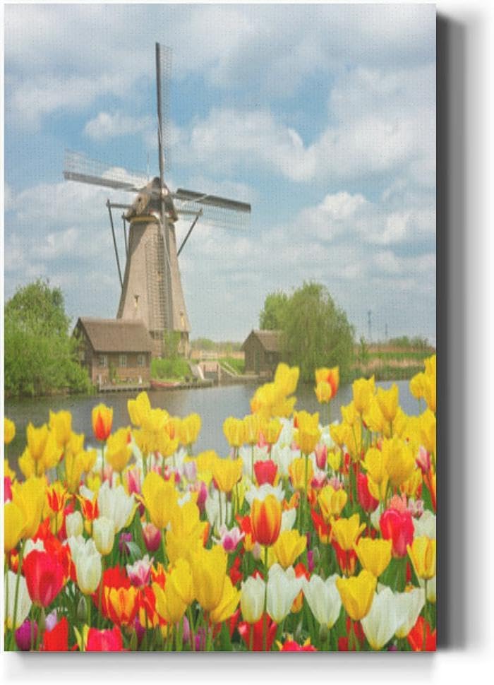 Large Wall Art Decor dutch windmill over tulips field Vertical Pictures Framed Canvas Wall Art for Living Room Bedroom Bathroom Artwork Paintings Kitchen 36x24