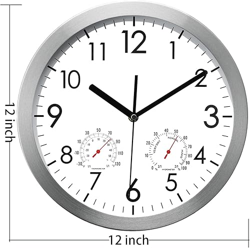 Miniatura 5 de Reloj de pared de 12 pulgadas con temperatura y humedad funciona con pilas sin tictac con marco de aluminio silencioso para oficina hogar baño