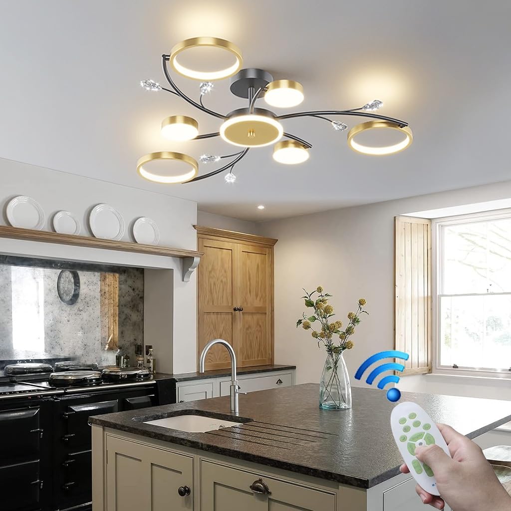 VTAMng Ceiling lamp retro LED flower-shaped ceiling Light crystal decorative lamp dimmable ceiling Lighting medieval metal black living room chandelier suitable for dining room bedroom kitchen(6+1ligh