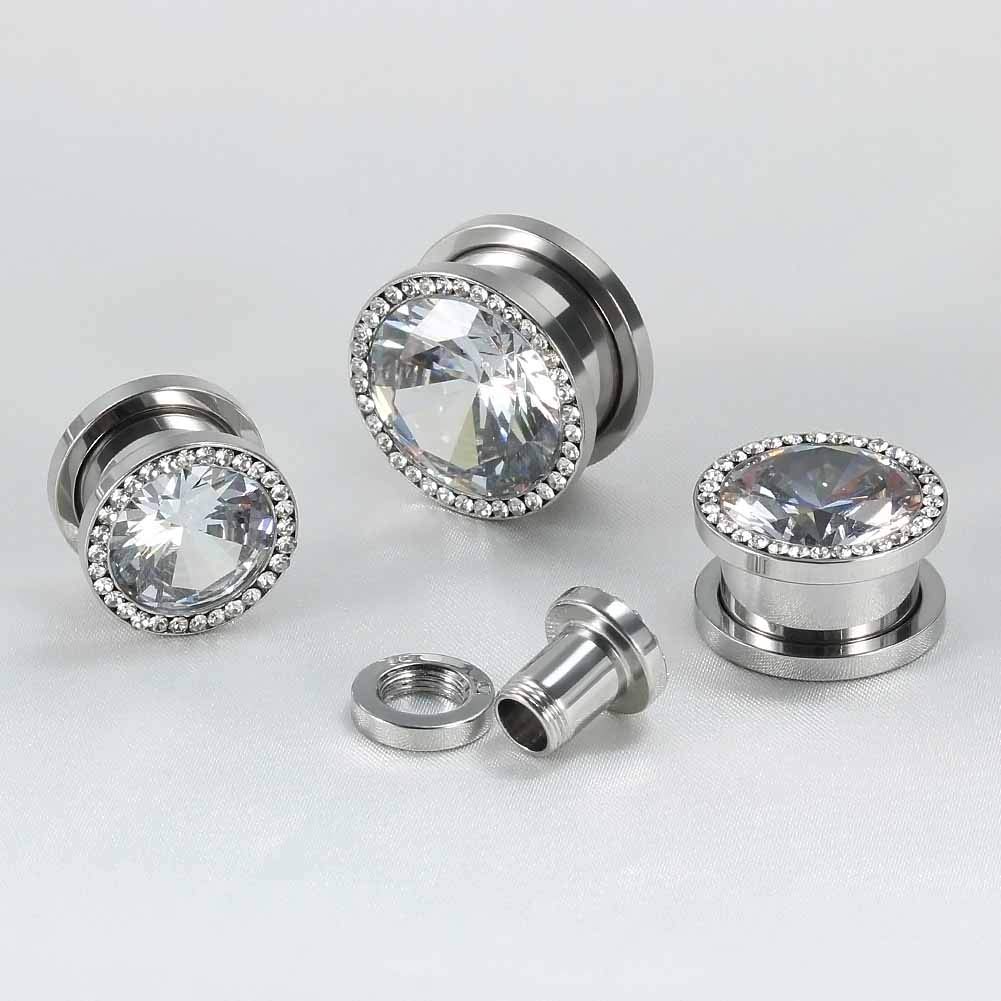 TBOSEN Juego de 6 dilatadores de oreja de acero inoxidable con circonita cúbica grande, dilatador de oreja y piercing para el cuerpo