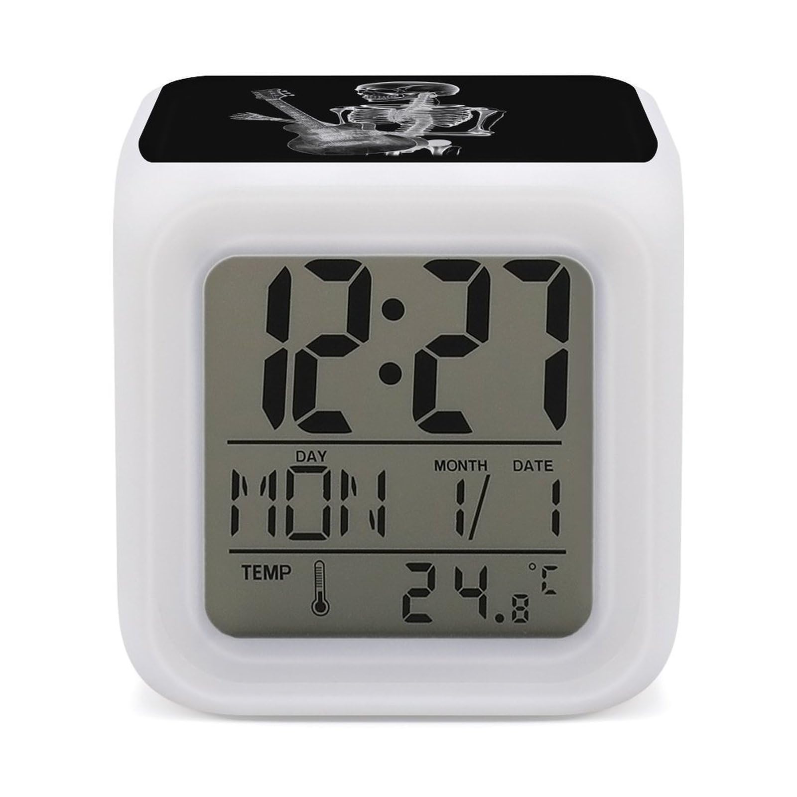 VstaDank Abstract X-ray Skull Skeleton Playing Guitar Digital Alarm Clock LED Display Screen Color Change Alarms Clock Smart Alarm Clock Wake Up Digital Clocks with 7 Color Nightlight for Bedroom