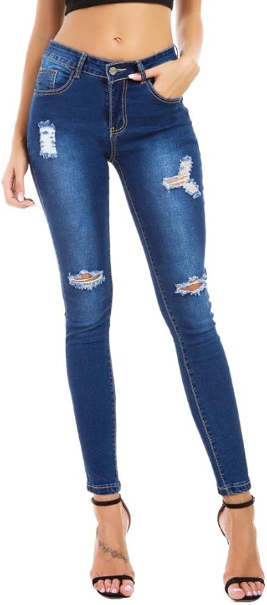 Eva Jeans Women S Juniors Ripped Stretchy Skinny Jeans X Large Dark Blue Amazon Co Uk Clothing
