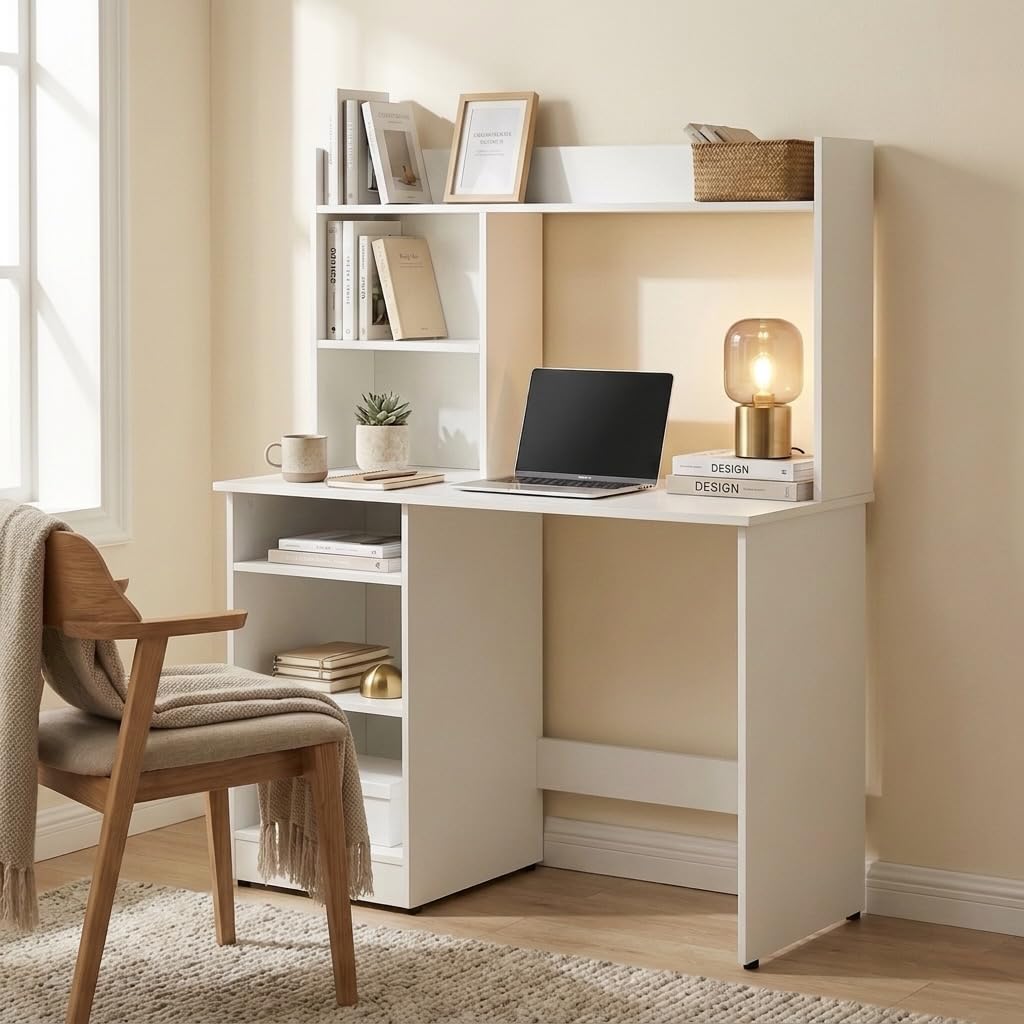 Zenith Study Table with Hutch & Storage Cabinet, Workstation with Upper Bookshelf for Home Office & Students, 100x50x134cm (White)-image-49