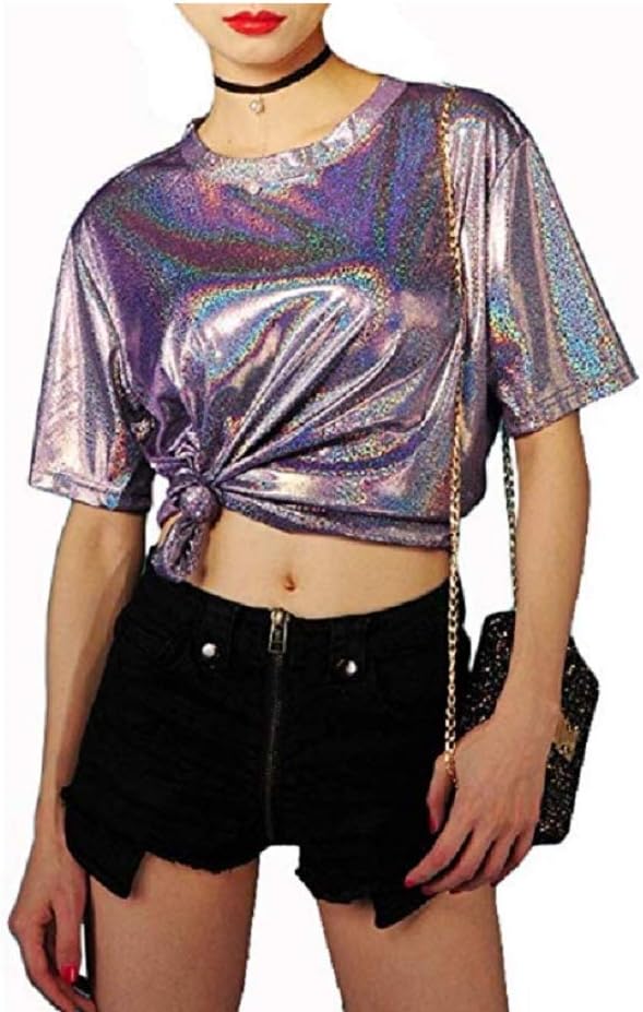 ANKOMINA Women Teen Girls Shiny Glitter Metallic T Shirt Tank Tops Holographic Rave Festival Party Blouse - Image 2