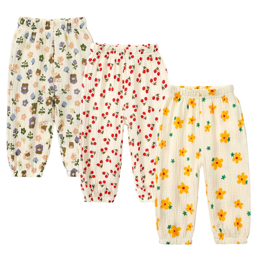 Kids Tales 3 Pack Boys Girls Cotton Linen Pants Child Basic Plain Solid Trousers Big Kids Elastic Waist Long Pants Bloomers