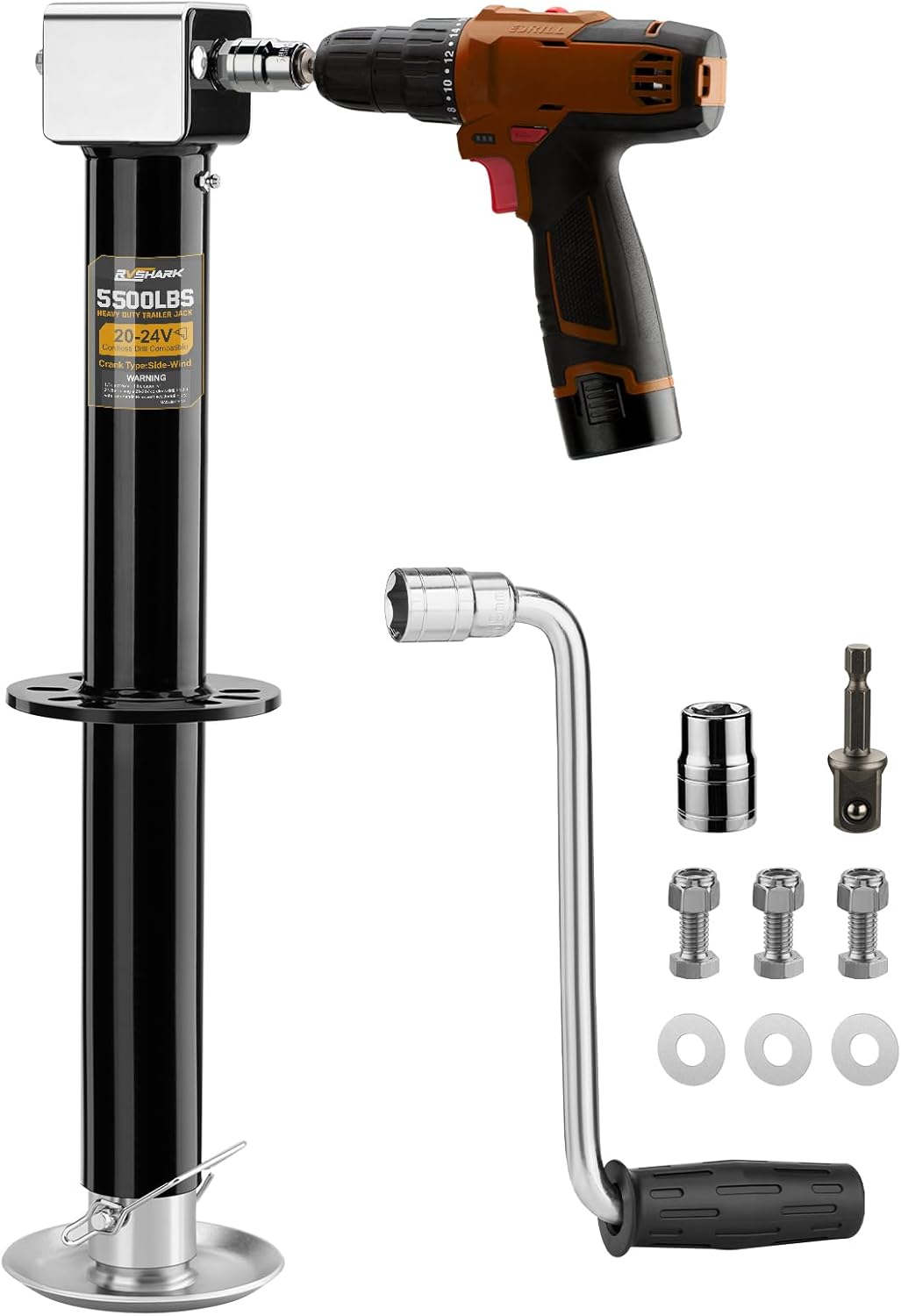 5500 lbs A-Frame Trailer Jack, Heavy Duty Trailer Tongue Jack for RV and Utility Trailer, 20-24V Cordless Drill Compatible, 7-Level Adjustable Drop Leg with 11.4 to 37.2-Inch Lift Range, Black