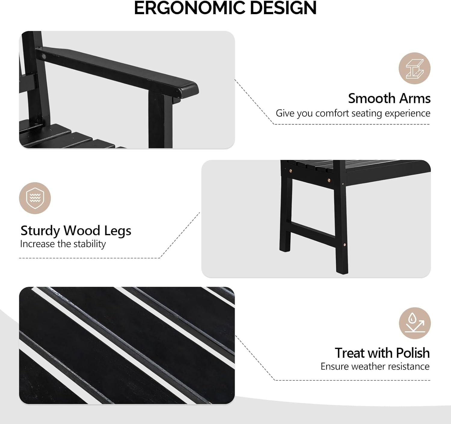 VINGLI 47" Outdoor Wood Bench, All Weather Outdoor Wooden Patio Garden Bench, Outside Loveseat 660lbs Capacity for Front Porch Park Entryway (Black)