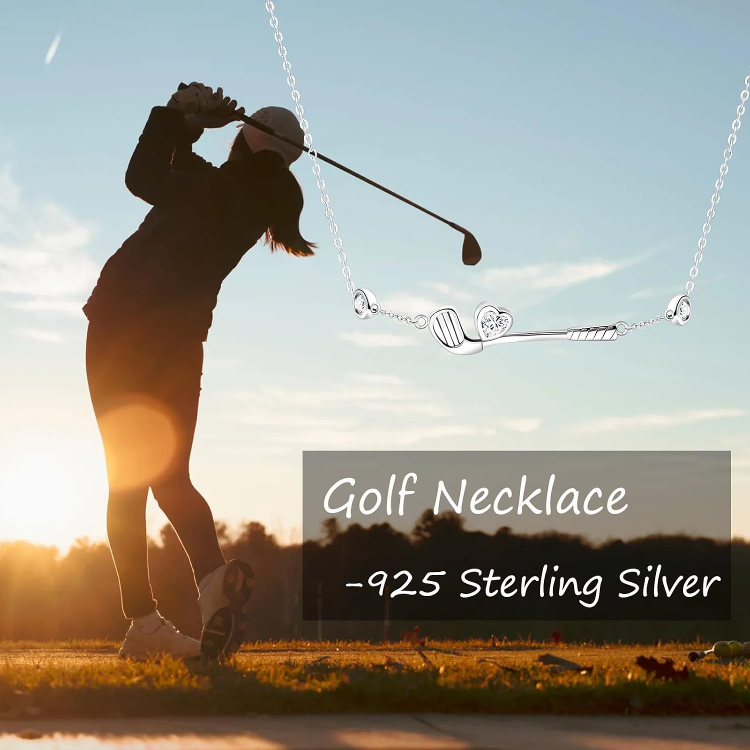 925 Sterling Silver Golf Necklace - Cubic Zirconia Golf Club Sports Jewelry Golf Themed Gifts for Women Men Golfer - Image 2