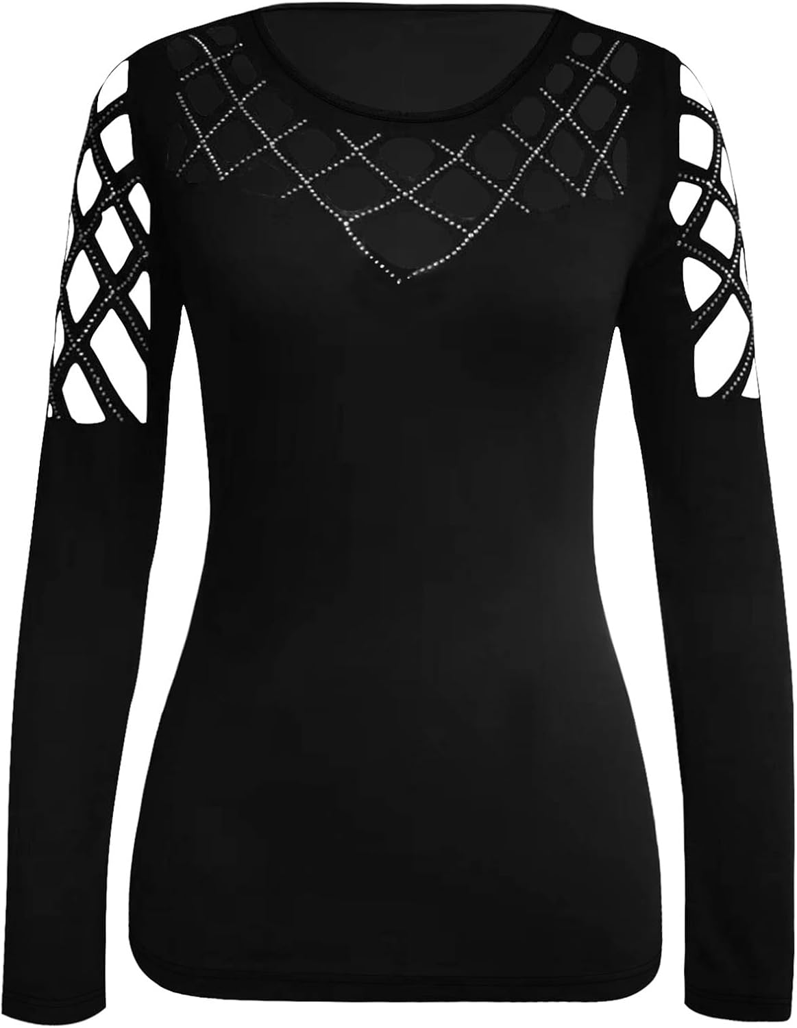 Andongnywell Women's Hollow-Out Cold Shoulder Rhinestone Sexy Slim Tops T-Shirt O-Neck Long Sleeve Blouse Pullover