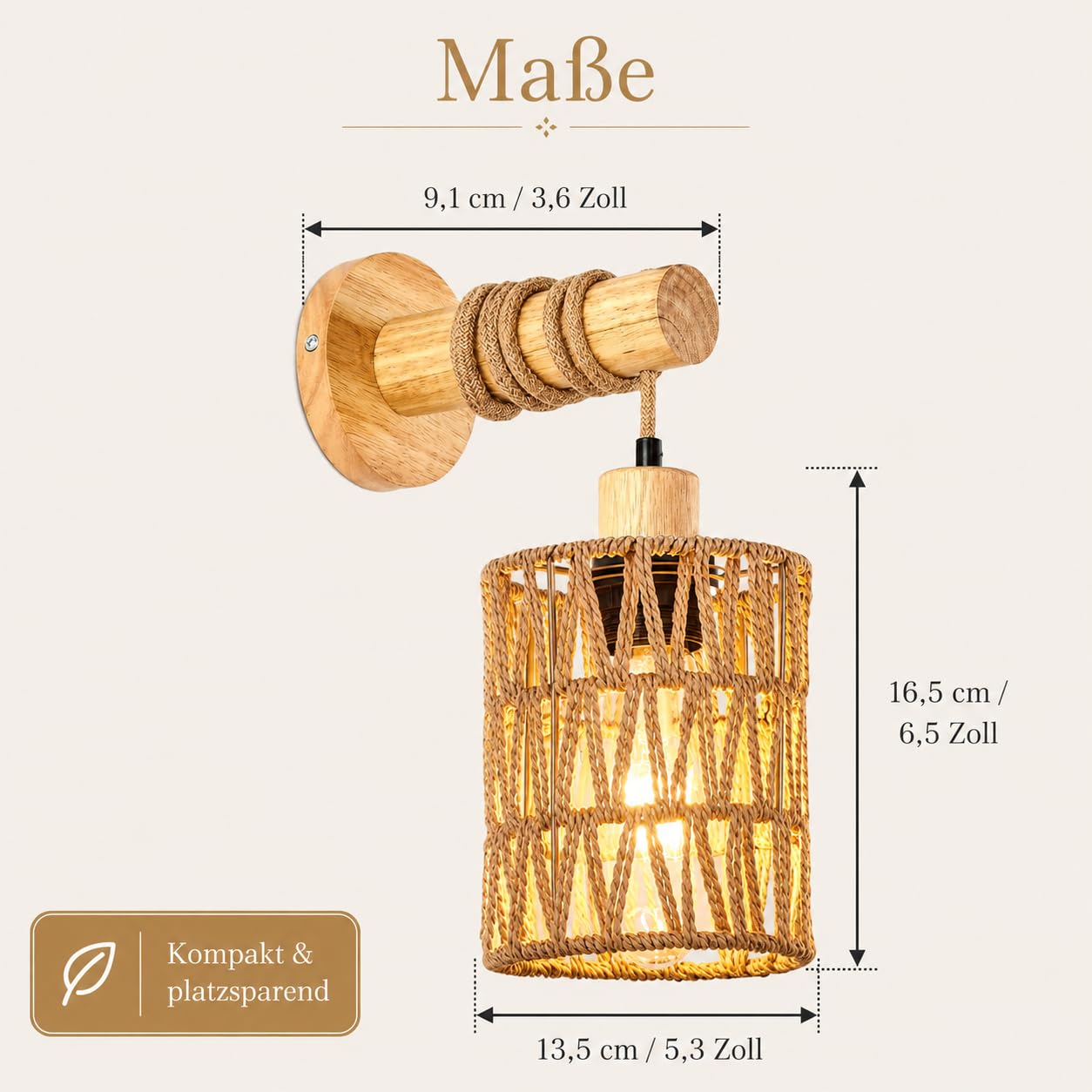 2er-Pack Vintage-Boho-Wandleuchten aus Holz und Rattan, E27 | Handgeflochtener Schirm, Festverdrahtet Wandlampe Vintage, Boho für Schlafzimmer, Wohnzimmer, Flur und Treppenhaus