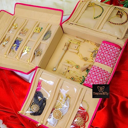 Image of Trendifly silk Lucknowi Jewellery Organiser Box for women Necklace organizer pouches Travel Makeup Cosmetic Earrings Jewelry Storage box for Bridal Gifting (Dark Pink)