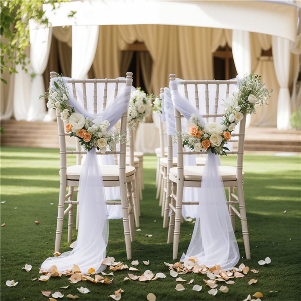 Organza Stuhl Band, 20 × 250cm Tüll Stuhlhussen Stuhl Tüll Stoff Stuhl Dekoband Chiffon Stuhlschärpen Schleifenband Gangschleifen für Hochzeit Party Zeremonie Deko Elfenbein 20 Stück