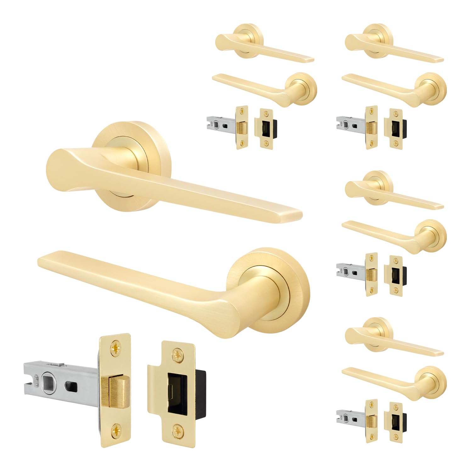 EAI Satin Brass Door Handles with Latches, 5 Pack - Tarna