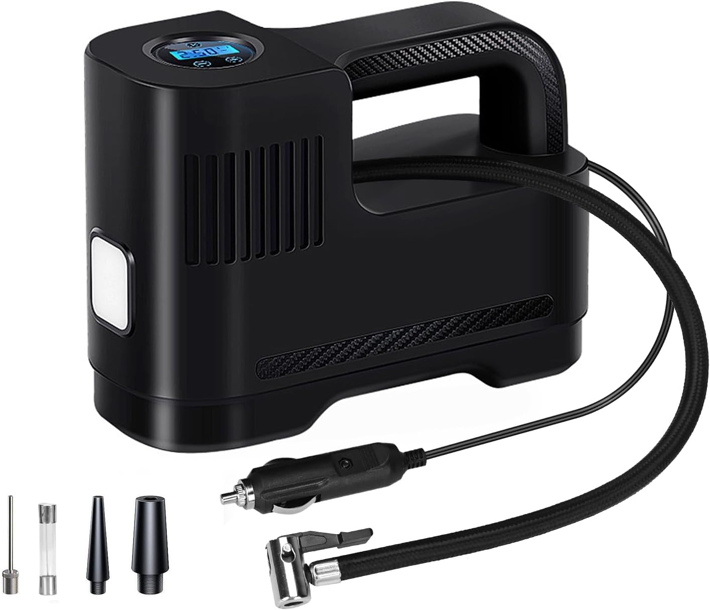 Podazz Digital Tyre Inflator Car Tyres Pump 12V, Electric Air Compressor with 3 Nozzle Adaptor, Pressure Gauge and LED Light for Rapid Inflating, Suitable for Car, Bicycle, Motorcycle, Ball