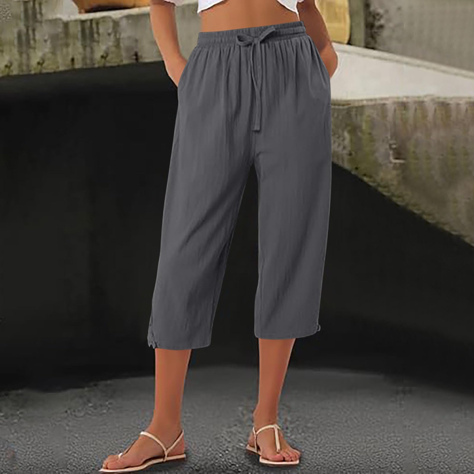 Pantalones Pirata Mujer Lino Verano Frescos Cómodo Elásticos Pantalón Deportivo 3/4 Shorts Respirable Pantalones con Palazzo Bolsillos Capris Pantalones Cortos de Algodón y Lino