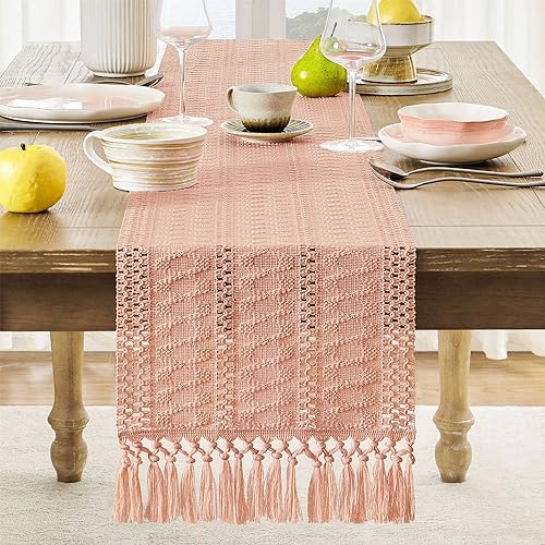 Image of ZeeMart Macrame Style Boho Table Runner, Pink Table Runners 90 Inches Long, Farmhouse Woven Home Decor, 12x90 Inch, Rose Pink
