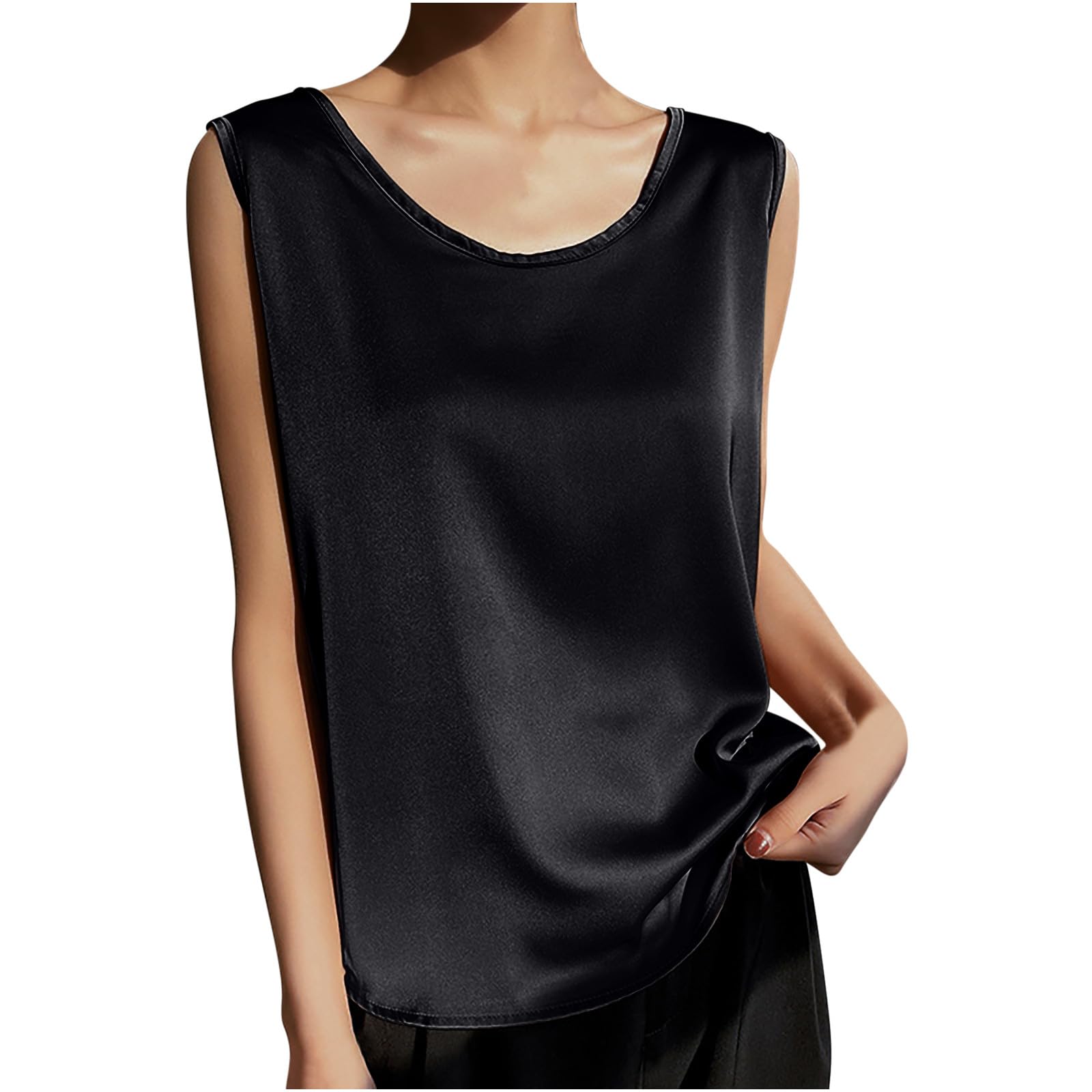 Womens Silk Satin Camisole Crew Neck Tank Top Silky Basic Cami Shirt Casual Sleeveless Summer Loose Blouses