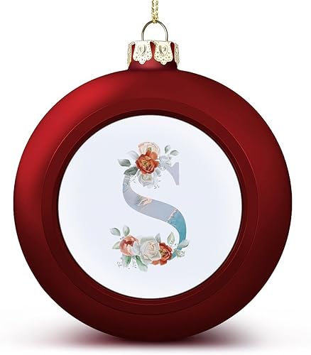 DOREENABE Floral Blue Marble Monogram Letter Alphabet Initial S Christmas Balls Ornaments,Letters Keepsake,Red Hanging Ornaments Balls for Christmas