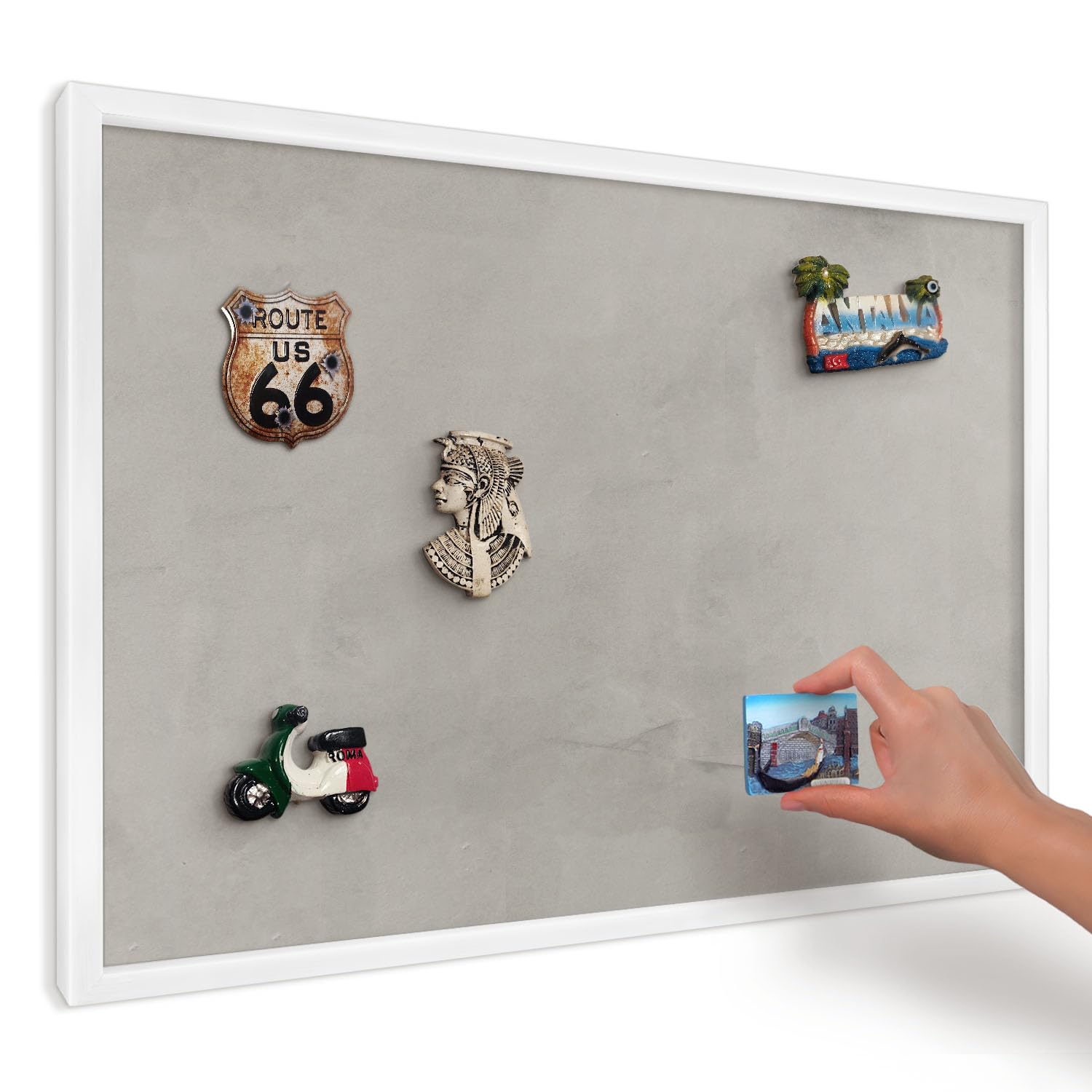 Tablero Imanes de Viaje 60x40 cm | Marco Blanco | Fondo gris | Montaje Vertical y Horizontal | para Casa, Cocina y Oficina | Decoración de Pared | Superficie Metálica