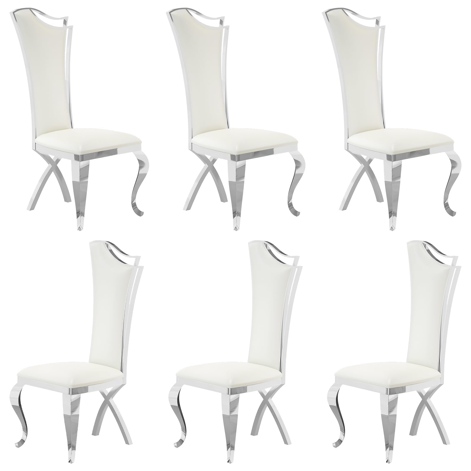 Asday Dining Chairs Set of 6, White Faux Leather and Silver Streamlined High Back Dining Room Chairs with Curved and X Stainless Steel Legs
