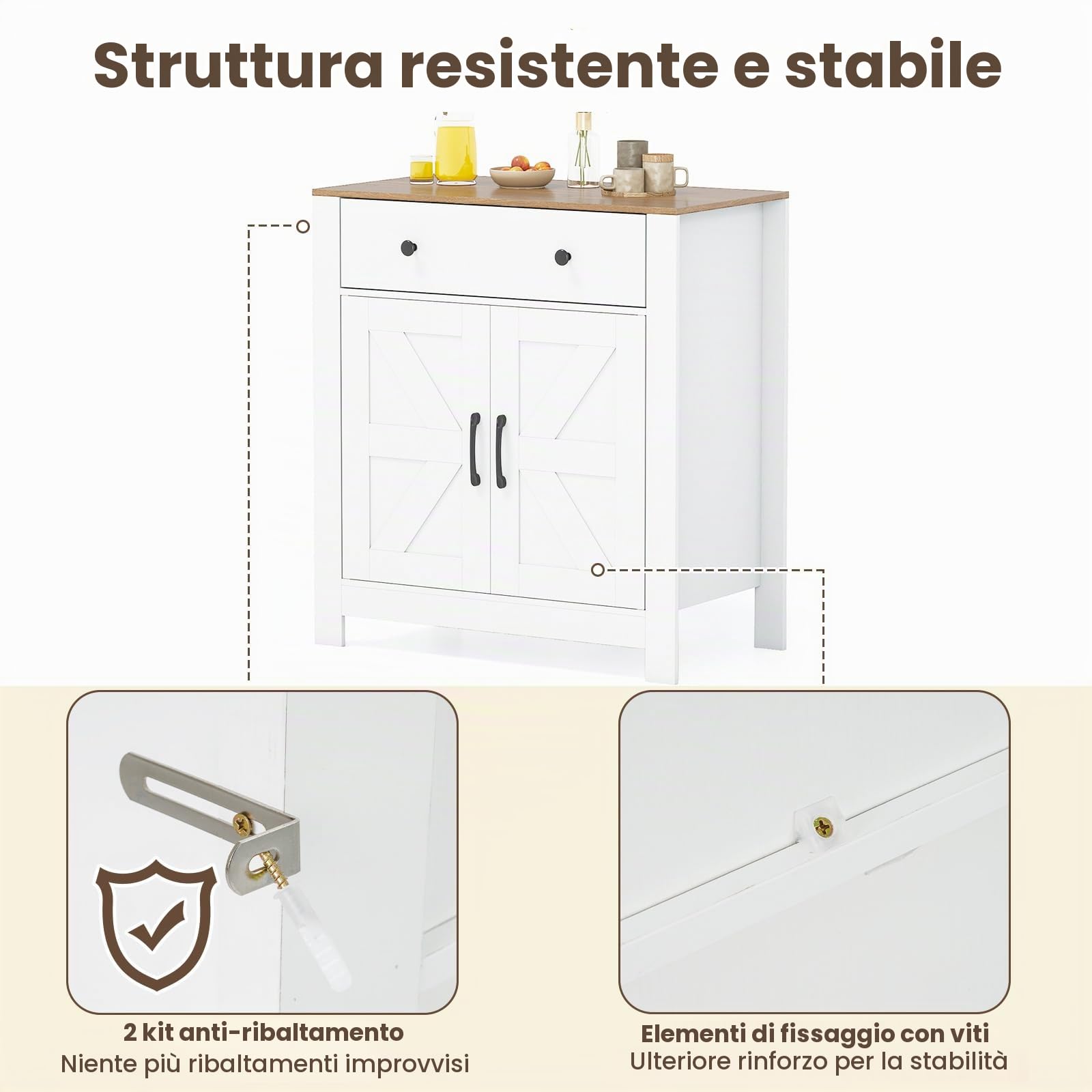 KOMFOTTEU Credenza Cucina con Ripiano Regolabile, 2 Ante e Cassetto