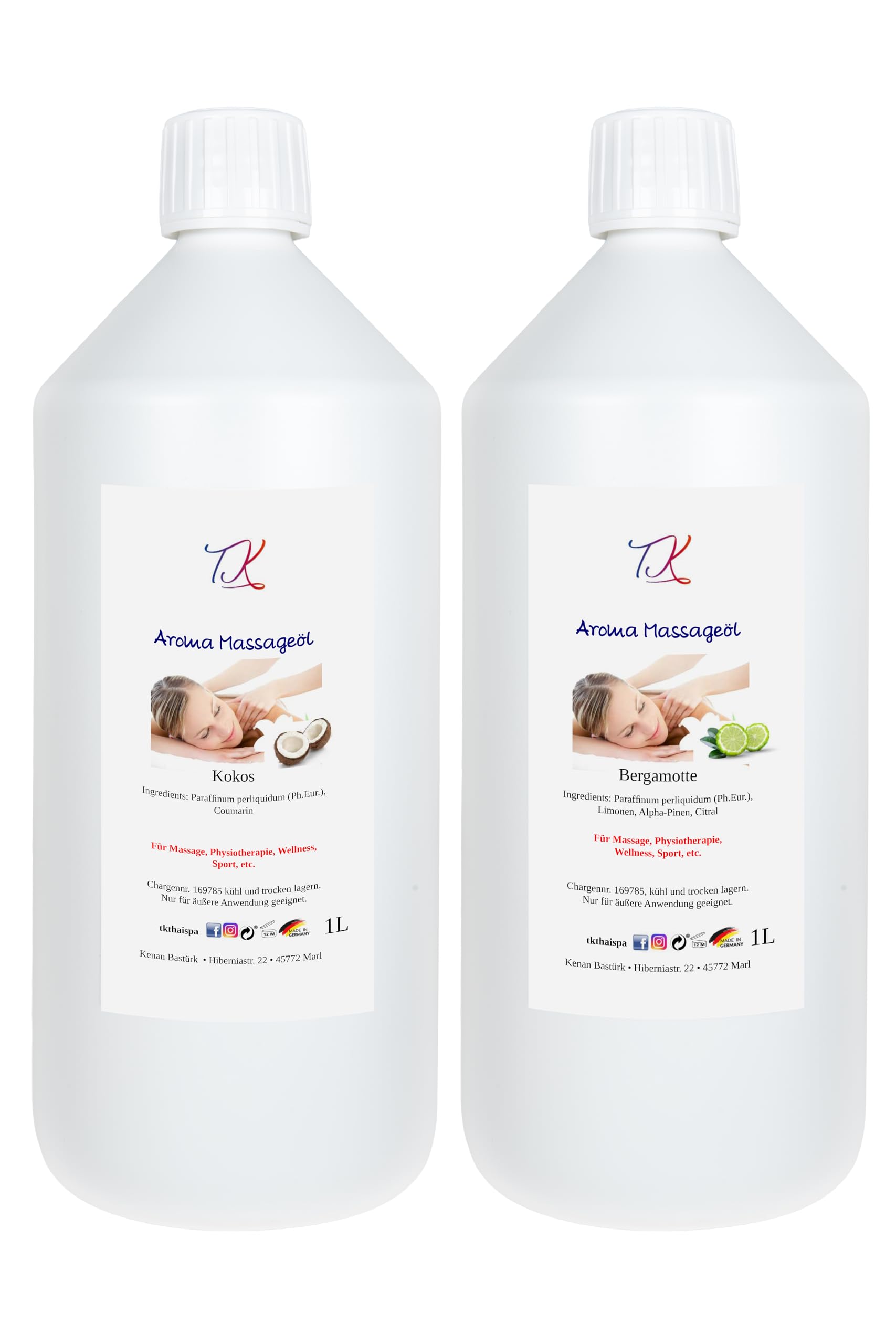 Aroma - Aceite de masaje (2 x 1 L) para masajes, fisioterapia, bienestar, deportes, etc. en calidad farmacéutica (coco y bergamota, 2000 ml)