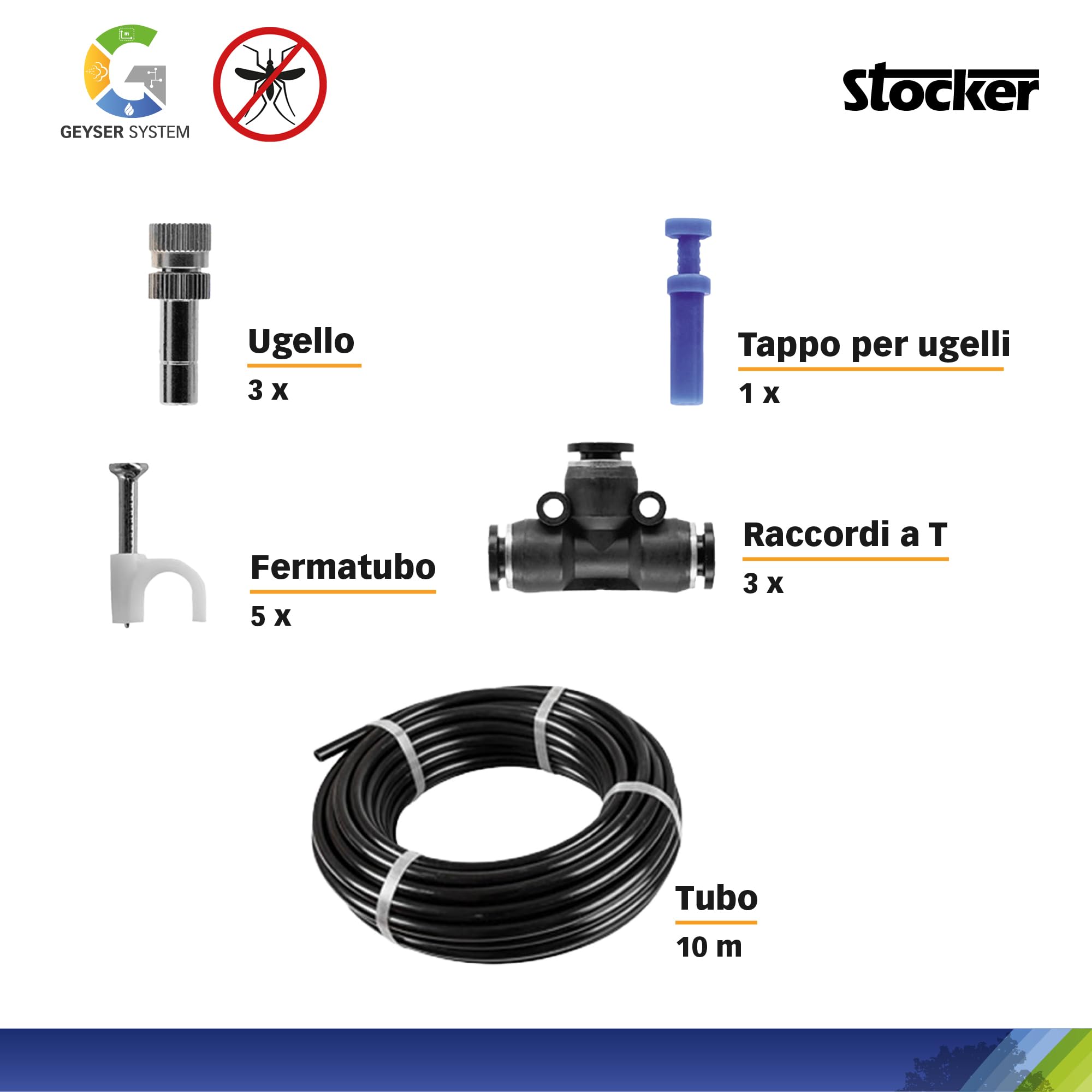 STOCKER - KIT Nebulizzatore Giardino Elettrico Geyser Compact - Geyser Mini 2 L con Batteria Li-Ion + Disabituanate Florifens + Kit Balcone Anti-Zanzare Estendibile Fino a 10 m