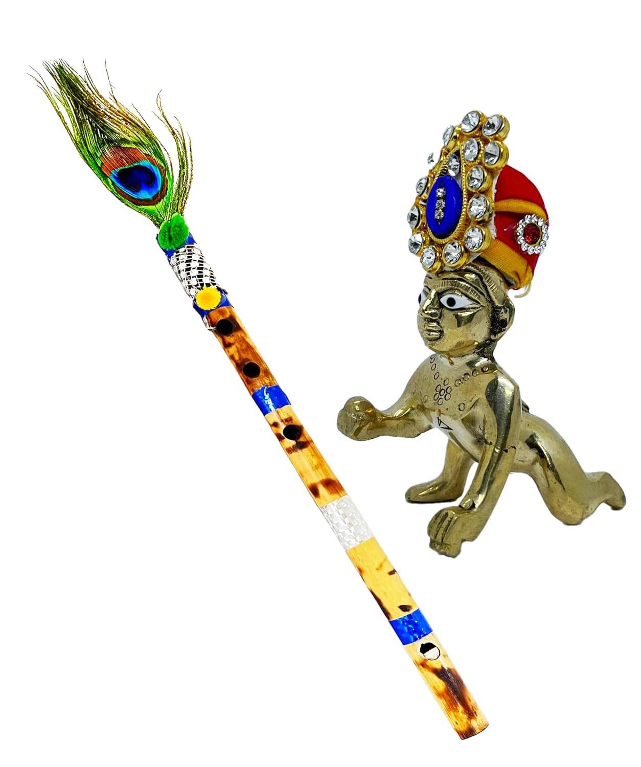 Bansuri for Krishna with original peacock feather flute for Pooja | Kanha ji Bansuri | Bansuri | Natural Medium Scale | 16 inch Bamboo Bansuri (Pack of 1) Decorative Laddu Gopal Bansuri-image-49