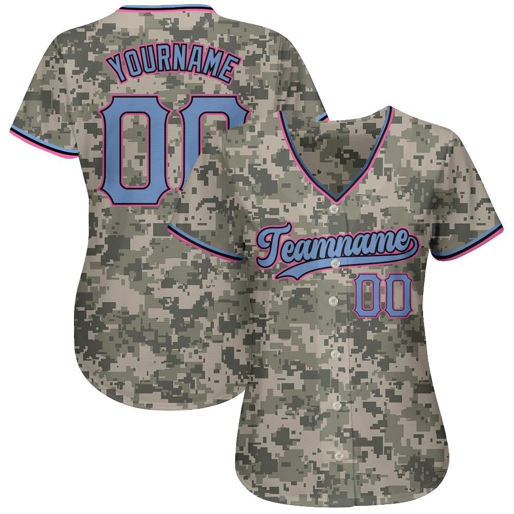 Generic Custom Camo Women Youth Men Baseball Jersey, Personalized Stitched Printed Name Number and Logo, Blue Pink Baseball Shirt