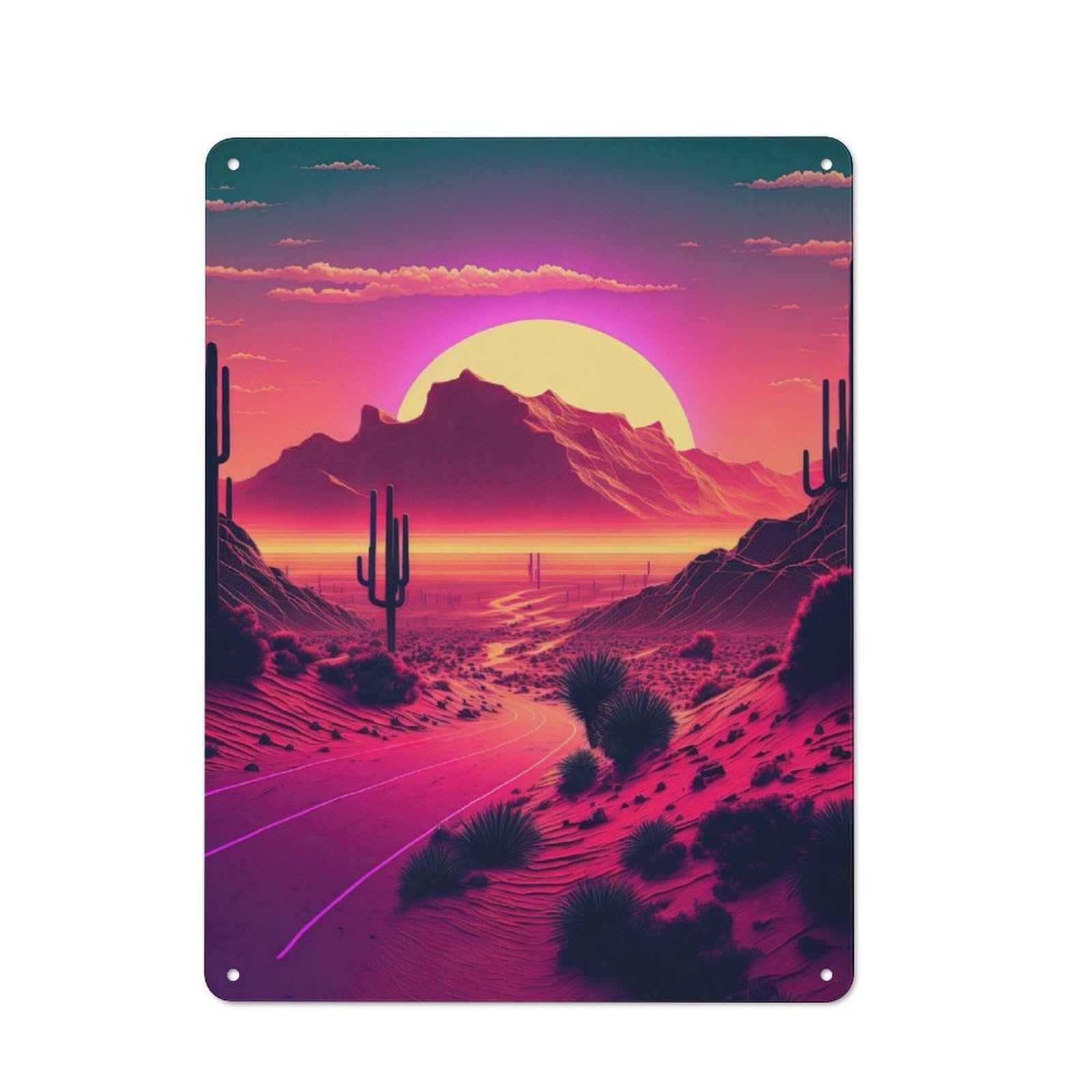 Junmoney A Synthwave Mountain Scene Decorative Metal Plaque With Design 40X30cm, Modern Retro Studio Wall Art For Workspace, Cafe, Hallway Or Garage