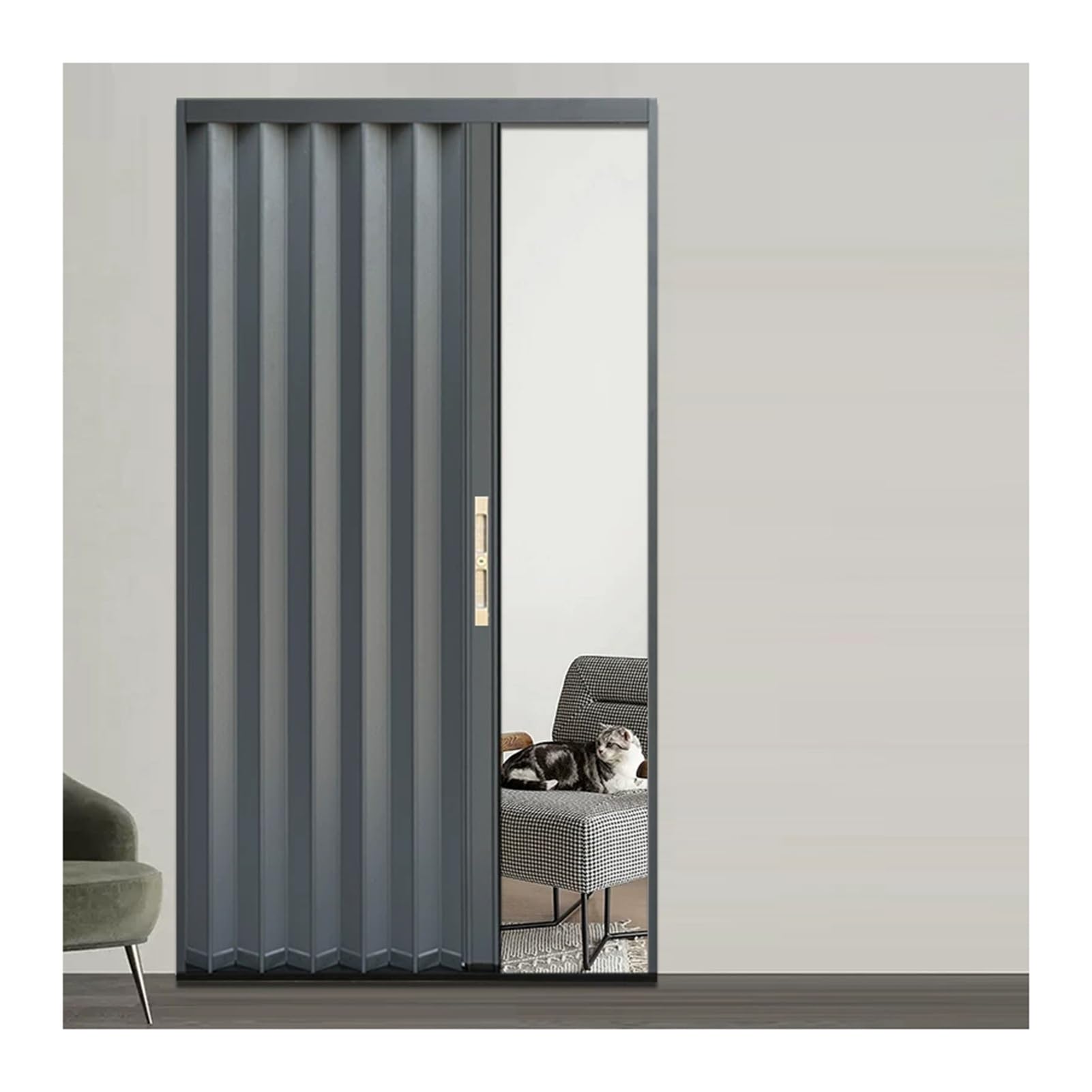 Kphymod Grey Frame Aluminum Retractable Folding Door, Space Saving Ultra Low Track Accordion Room Partition For Kitchen Shower Bedroom Separator(,92.6X210cm)
