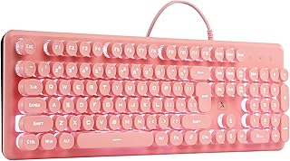 ANSWK Gaming Keyboard Typewriter Style with Rainbow LED Backlit, Quiet Mechanical-Feel Floating Keys, Spill Resistant, USB Wired Retro Membrane Keyboard 104 Keys for PC Mac, Pink