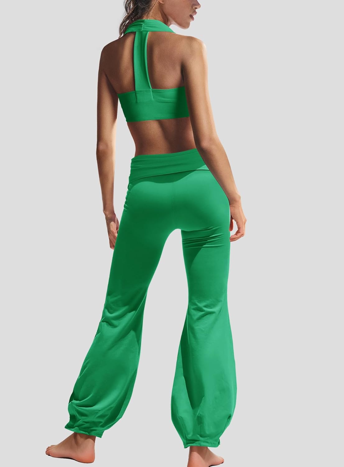 Nirovien Womens Two Piece Workout Sets Athletic Yoga Set Halter Sports Bra and Fold Over Flare Leggings Pilates Gym Outfits