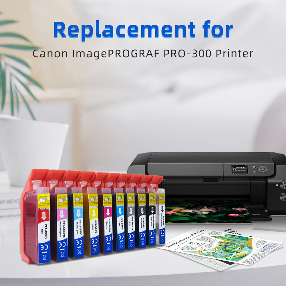 Aomya Lot De 10 Cartouches D'encre PFI-300 Pour Canon ImagePROGRAF PRO-300, Haut Rendement, Multicolore, à Base D'eau, Haute Capacité, Encre D'assurance Qualité