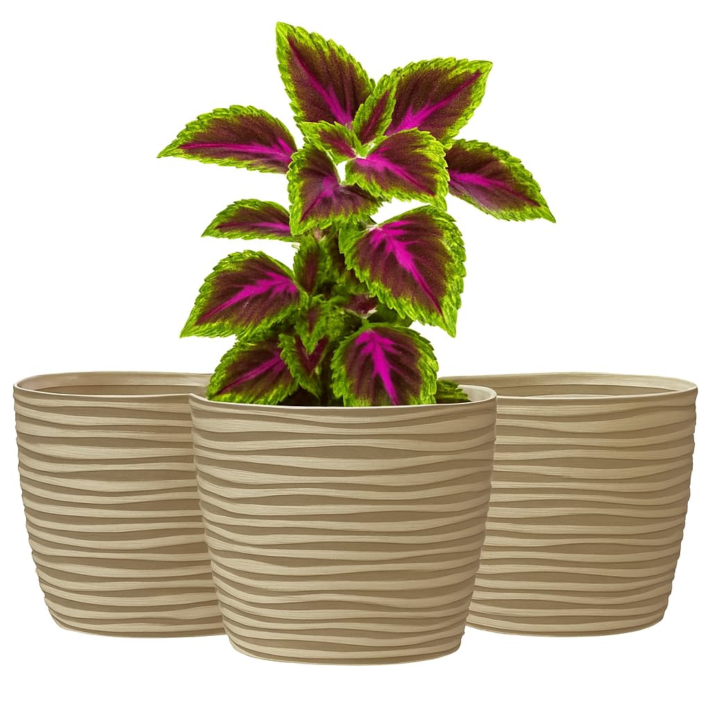 Home Garden Ornaments Beige Plant Pots Indoor – Set Of 3 Plastic Flower Pots, Unique Wave Design, No Drainage Holes, Indoor Plant Pot For Modern Home Décor (, 15Cm / 5.9 Inch)