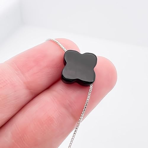 Miniatura 4 de Black Onyx Clover Necklace for Women, Black Onyx Clover Bead on Sterling Silver Necklace Chain, Good Luck Charm Layering Choker Necklace