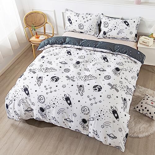 qjmiaofang Outer Space Duvet Cover Twin Size for Boys Kids Space Bedding Set Reversible Universe Stars Duvet Cover Rocket Bedding Set Space Ship Astronaut Comforter Cover Bedroom Decor No Comforter 2
