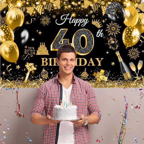 Image of Avezano Happy 40th Birthday Banner for Men Black and Gold Glitter Balloon 40 Birthday Party Backdrop 40 Year Old Bday Photo Backdrop Party Supplies 70.8 x 43.3 Inch