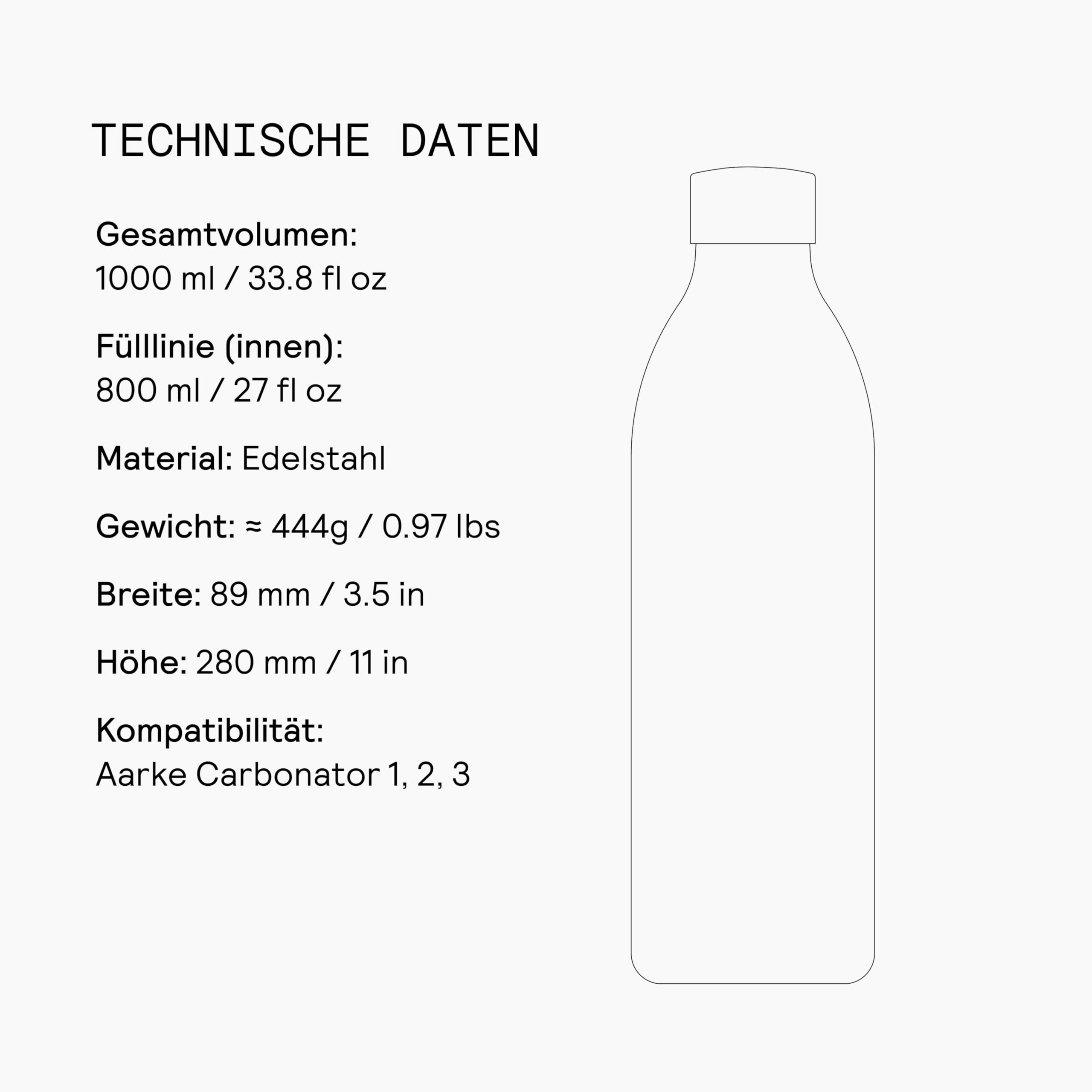 aarke To-Go Bottle Edelstahl Trinkflasche für stille & sprudelnde Getränke, kompatibel Carbonator 3, Doppelwandig & vakuumisoliert, auslaufsicher & spülmaschinenfest, (1L)