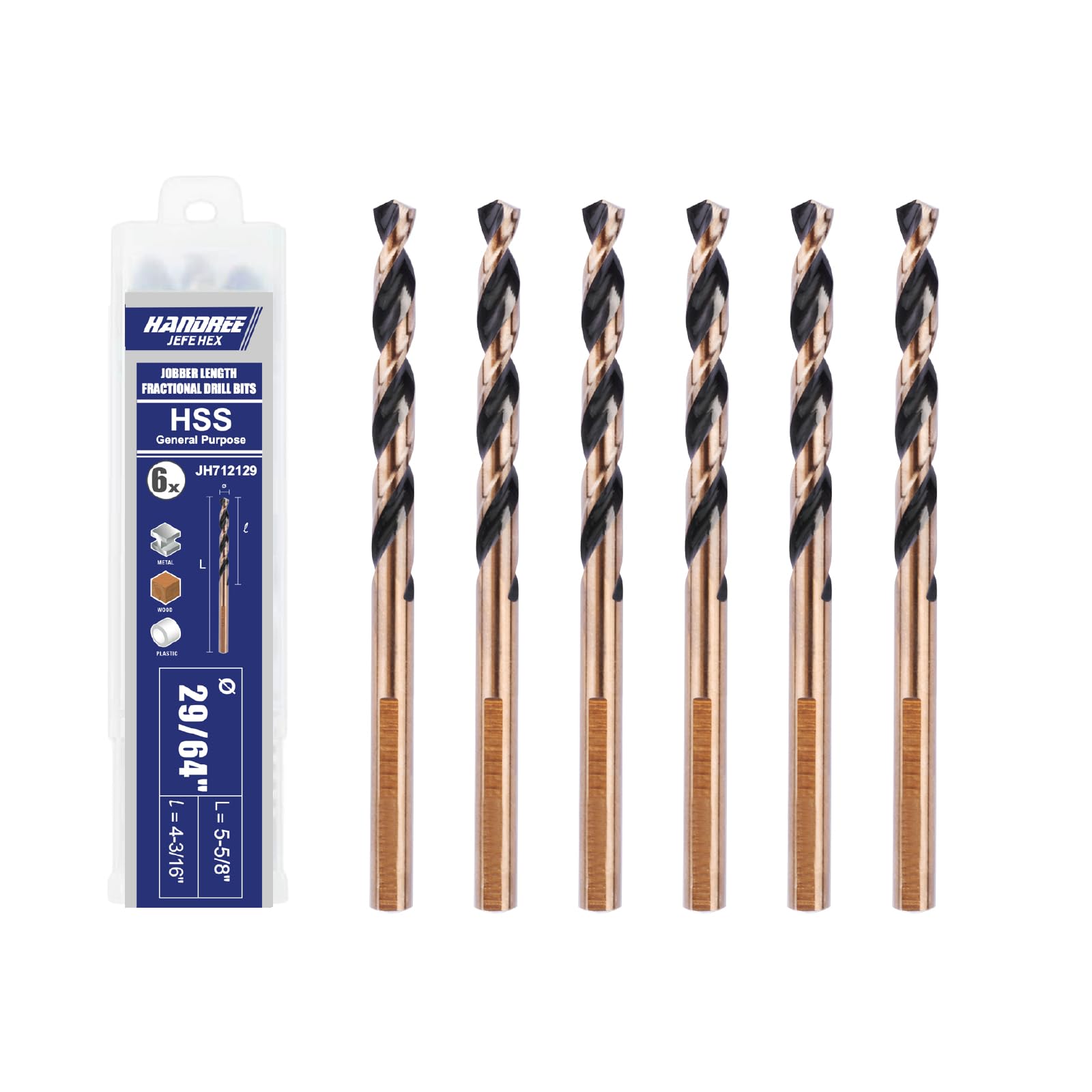 Handree 29/64 Lot de 6 forets hélicoïdaux W4 en acier rapide, 3 tiges plates avec revêtement noir et doré, longueur de travail à pointe fendue à 135°, usage général pour métal/bois/plastique bricolage