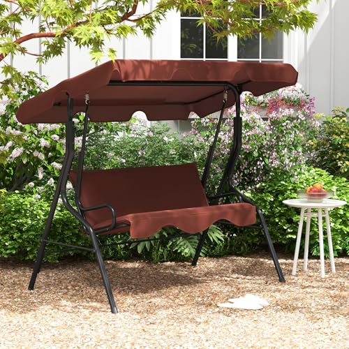 Image of Tangkula 3 Person Porch Swing, Patio Swing with Removable Cushion & Powder-Coated Steel Frame, Outdoor Swing with Canopy for Porch, Backyard, Garden, Balcony (Coffee)