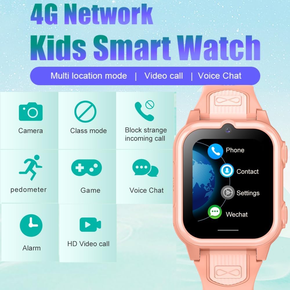 Winnes Reloj Inteligente 4G para niños, posicionamiento GPS, videollamada bidireccional, SOS, Modo Escolar, Resistente al Agua IPX, cámara, Despertador, Regalo para niñas y niños (Pink)