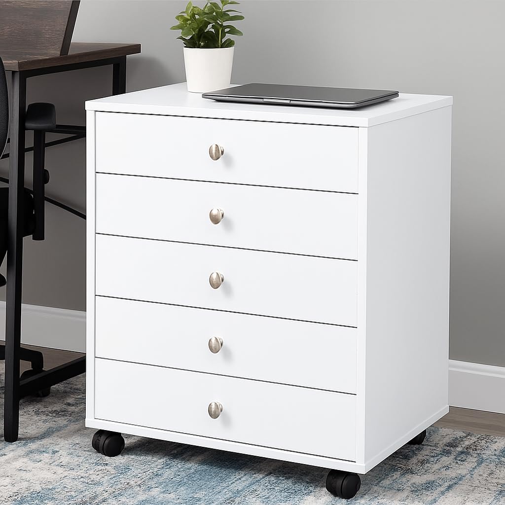 RIGID Wooden 5 Drawer Dresser with Wheels, Multifunctional Mobile Chest of Drawers Cabinet, Bedside Storage Organizer for Bedroom, Living Room & Office (Assembled, White, 45D x 67W x 66H CM)