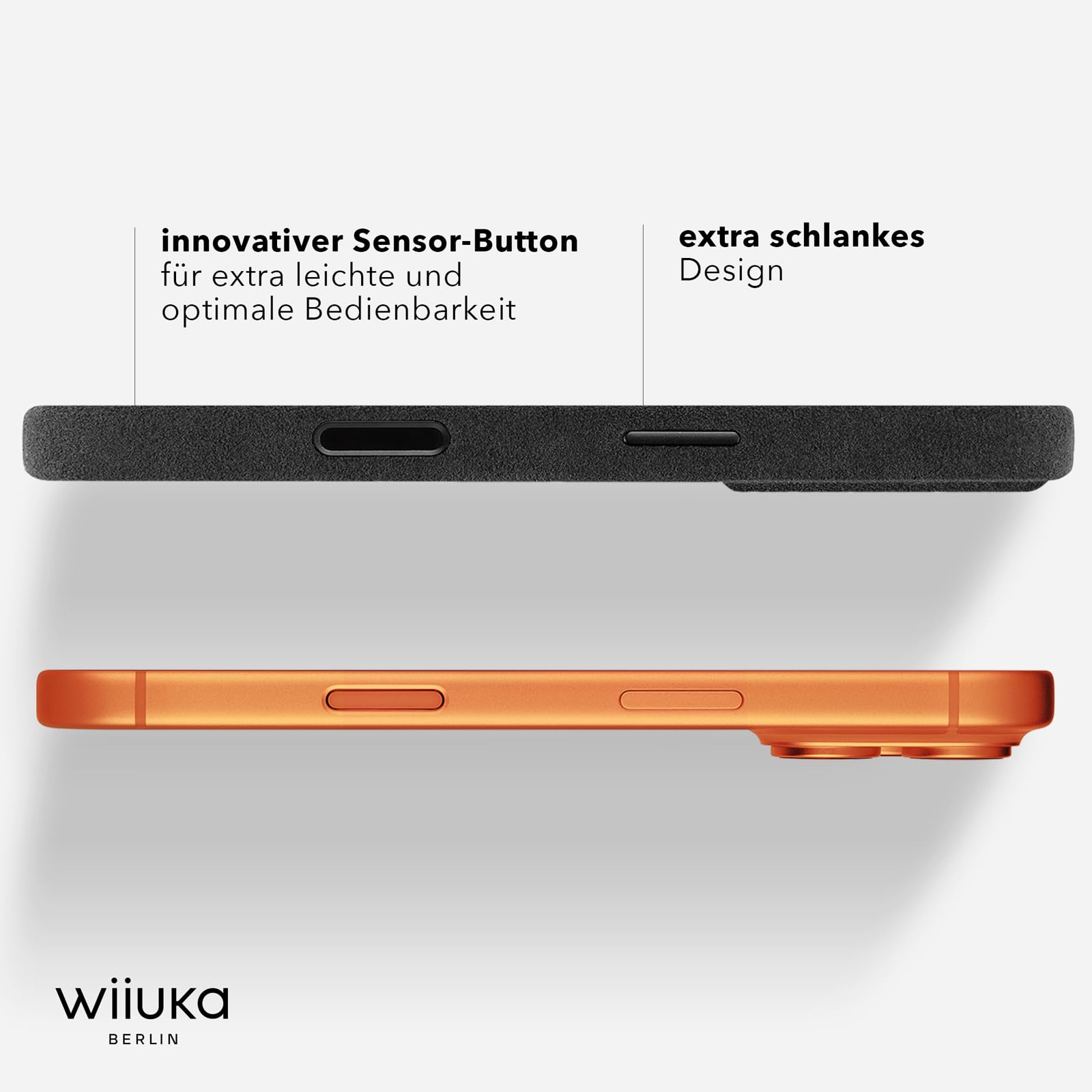 WIIUKA Hülle für iPhone 17 Pro, original Alcantara®, handgefertigt, 360° Schutz, extra schlank, Premium Handyhülle, Case, Qi, Leder-Alternative, skiin VL Alcantara®, Schwarz