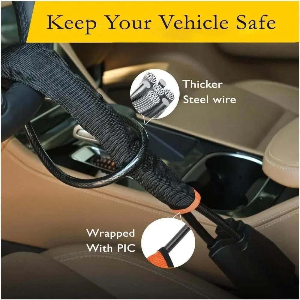 Cierre del cinturón de Seguridad del Volante con, Bloqueo del Volante Coche, Hebilla cinturón de Seguridad, Cuerda Acero Trenzada, Multicolor, camión, SUV, Furgoneta, RV(Black)