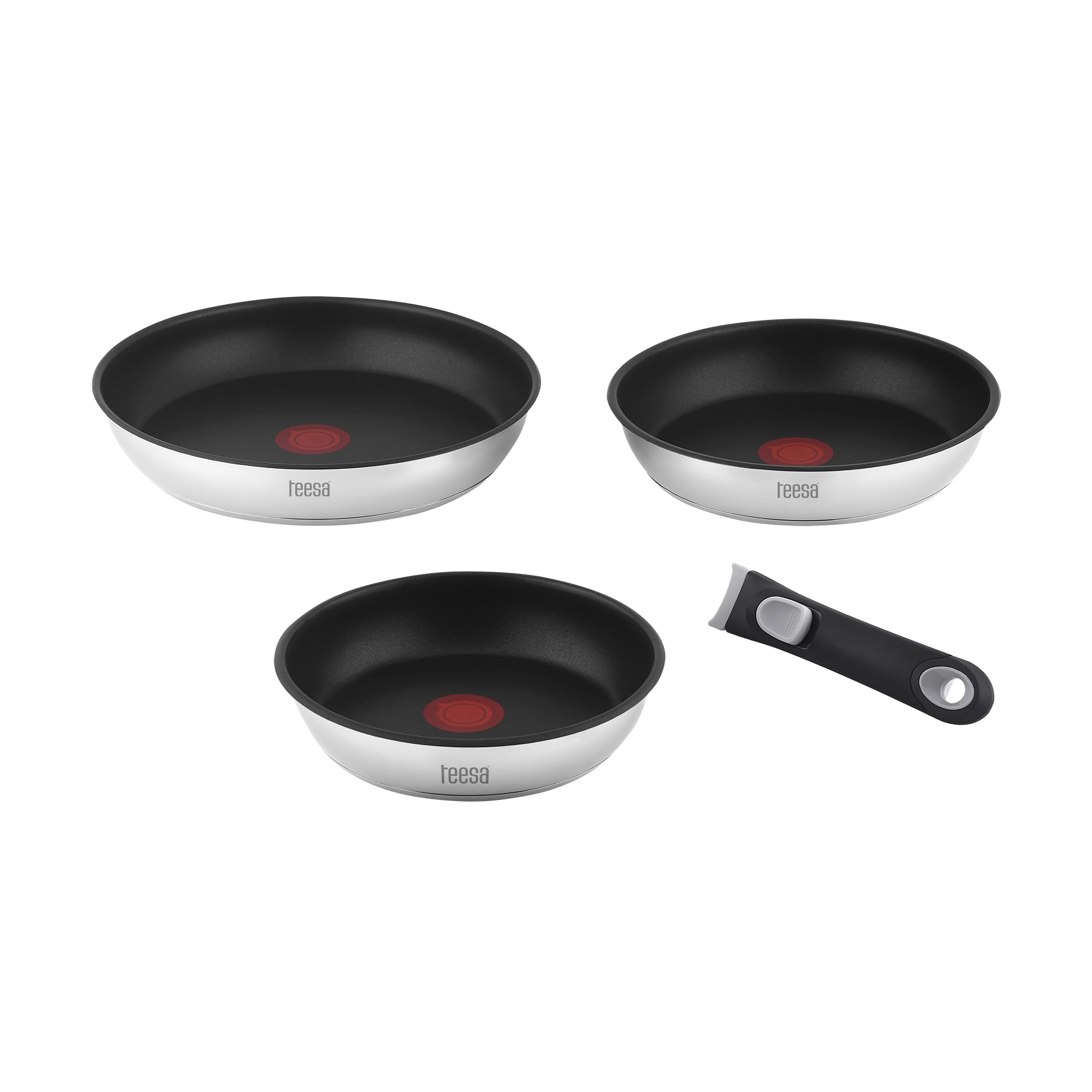 Teesa Zestaw 3 Patelni z Odłączaną Rączką 22cm 24cm 28 cm Tytanowa Powierzchnia FRYING PANS SINGLE HAND Stal Nierdzewna Typ 304 Wszystkie Rodzaje Kuchenek TSA0155