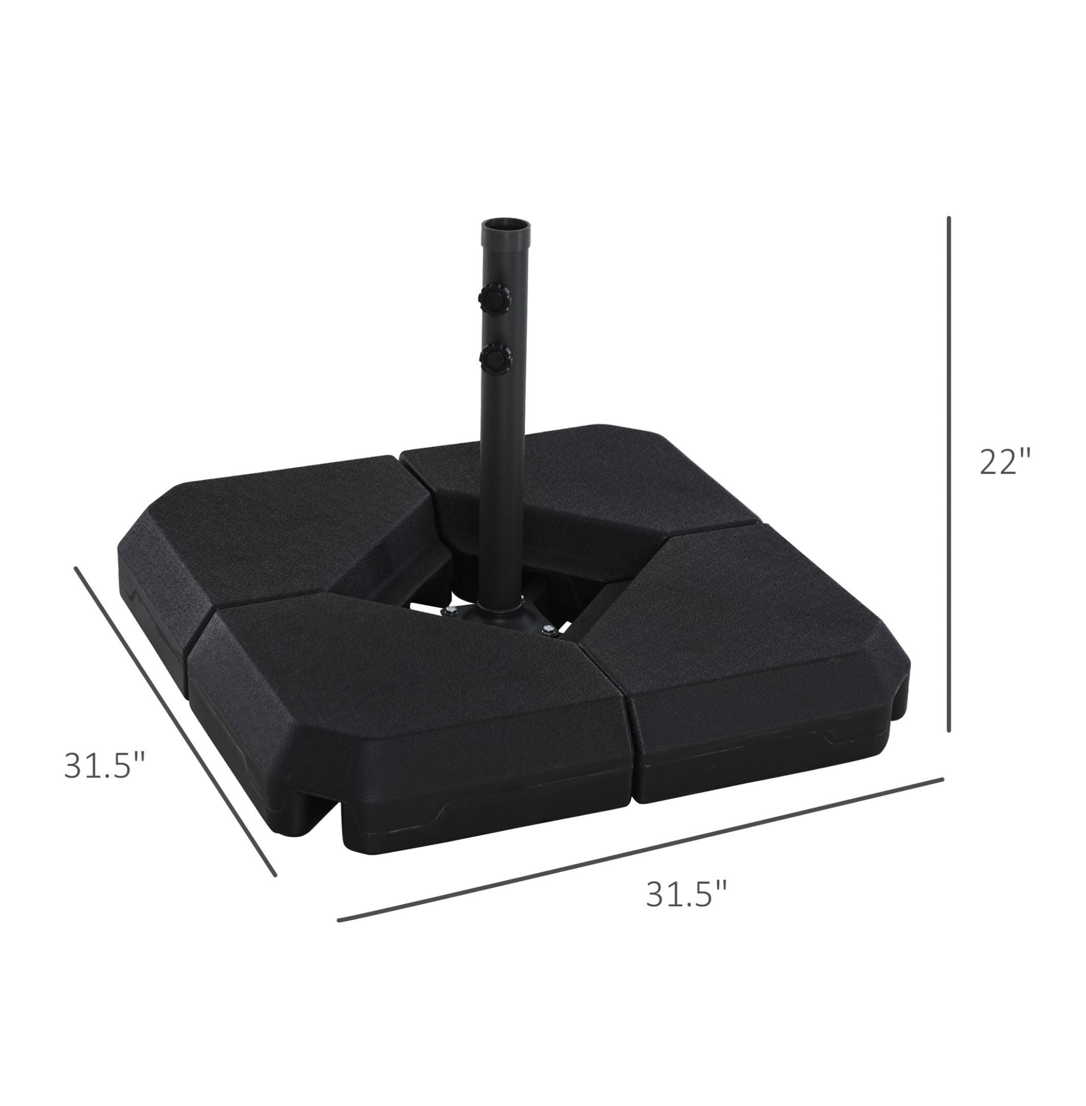 Ce Socle de Parasol d'extérieur Robuste en 4 pièces - Support de Poids de 72 kg (Sable) / 60 kg (Eau) - Pied déporté Noir pour Une stabilité et Une durabilité maximales