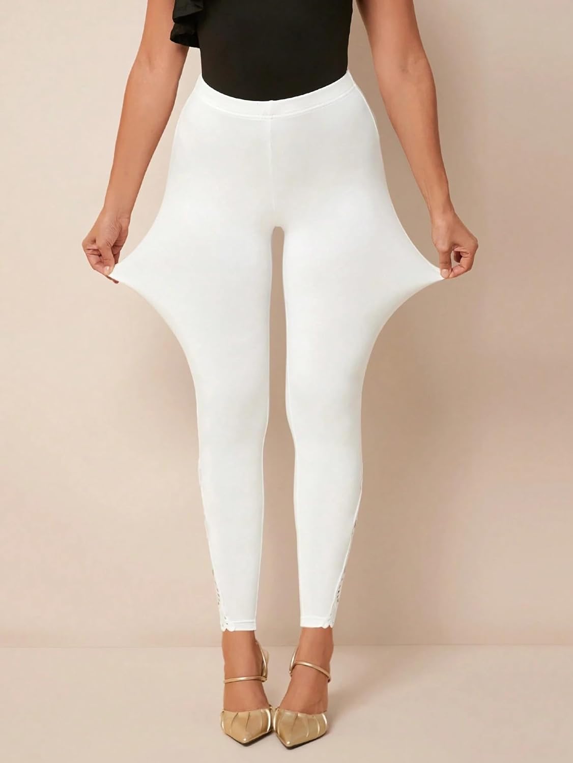 Women's White Lace Trim Leggings Full Length Capri Stretchy High Waist Yoga Cropped Lightweight Tights Leggings - Image 3