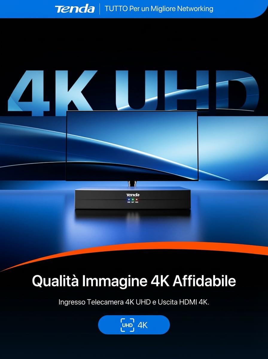 Tenda TN3108-8P NVR Sistema di Sorveglianza 4K, Trasmissione 250m, H.265+, Plug&Play, Supporto HDD fino a 10 TB (non incluso)/Archiviazione Cloud, Protezione Fulmini 4KV, App Controllo Remoto